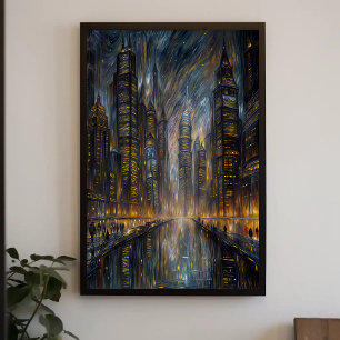 Van Gogh Style Futuristic Cityscape Art Poster