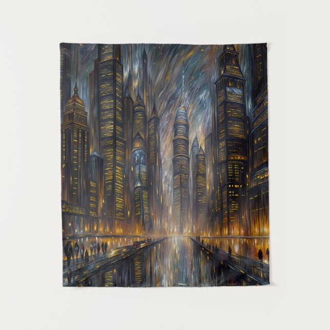 Van Gogh Style Futuristic Cityscape Art Tapestry (Front)