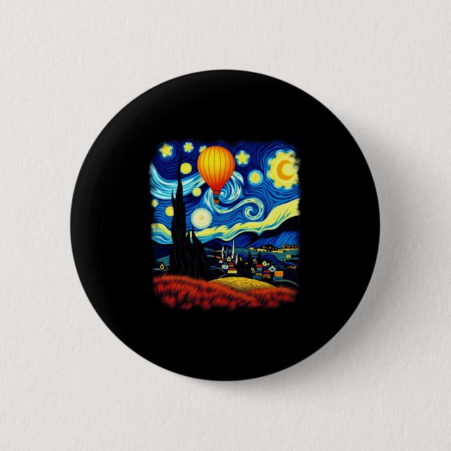 Van Gogh Style Hot Air Balloon Starry Night Long S 2 Inch Round Button (Front)