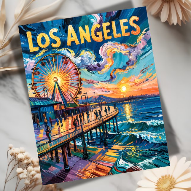 Van Gogh Style Los Angeles Pier Sunset Travel Postcard (Creator Uploaded)