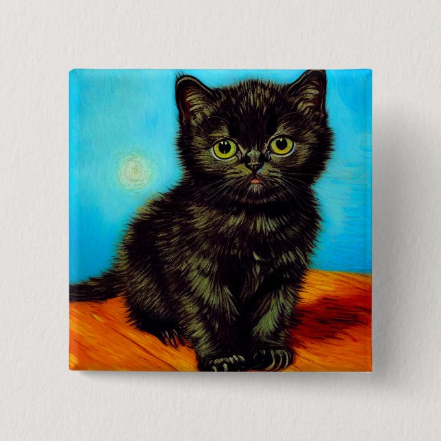 Van Gogh Style Pouting Kitten 2 Inch Square Button (Front)