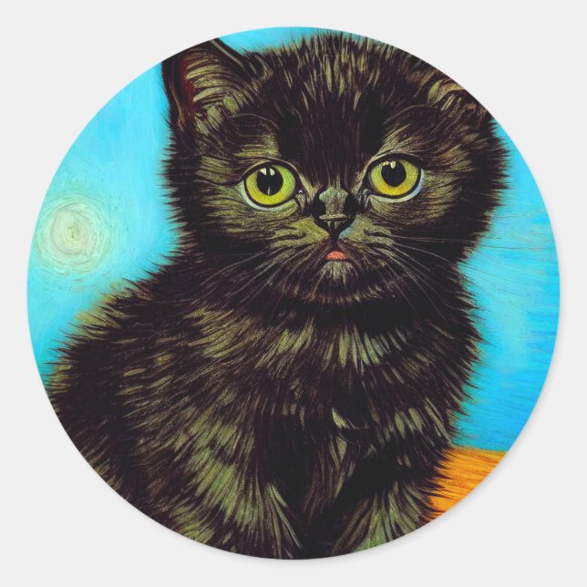 Van Gogh Style Pouting Kitten Classic Round Sticker (Front)