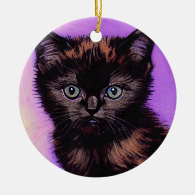 Van Gogh Style Purple Cat Ceramic Ornament (Front)