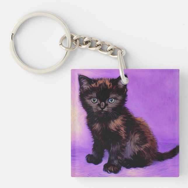 Van Gogh Style Purple Cat Keychain (Front)