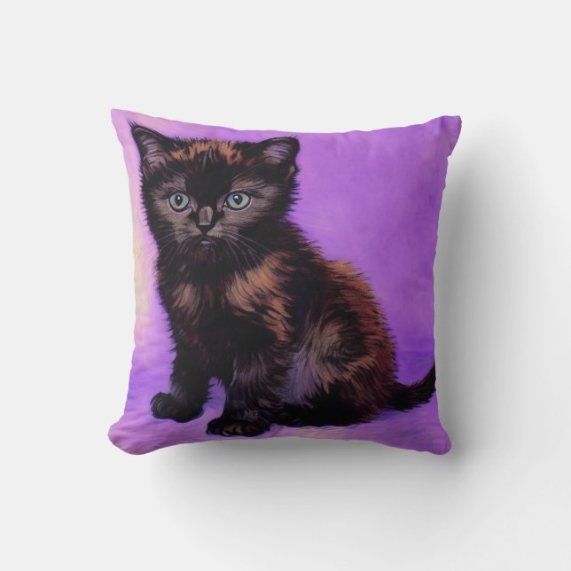Van Gogh Style Purple Cat Throw Pillow (Front)