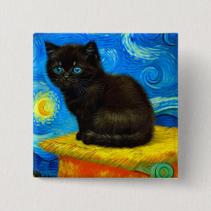 Van Gogh Style Starry Night Cat 2 Inch Square Button