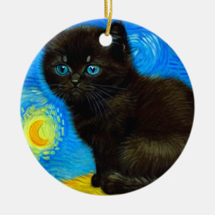 Van Gogh Style Starry Night Cat Ceramic Ornament