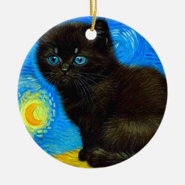 Van Gogh Style Starry Night Cat Ceramic Ornament (Front)