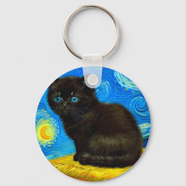 Van Gogh Style Starry Night Cat Keychain (Front)
