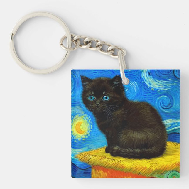 Van Gogh Style Starry Night Cat Keychain (Front)