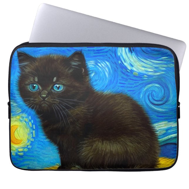 Van Gogh Style Starry Night Cat Laptop Sleeve (Front)