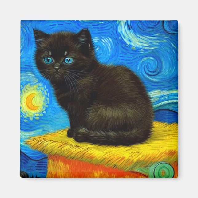 Van Gogh Style Starry Night Cat Magnet (Front)