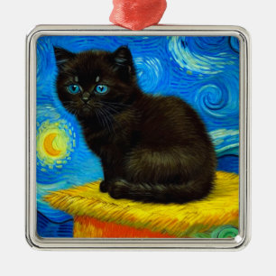 Van Gogh Style Starry Night Cat Metal Ornament