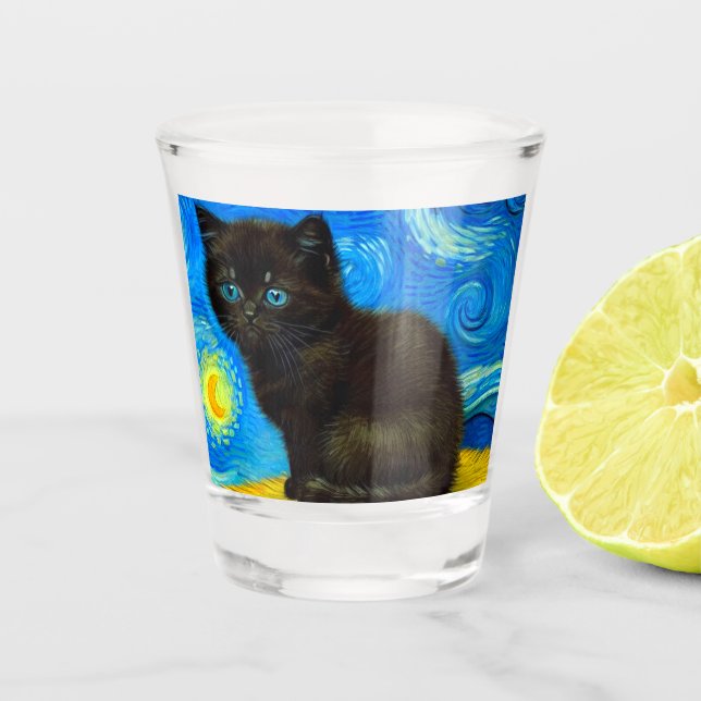 Van Gogh Style Starry Night Cat Shot Glass (Front)