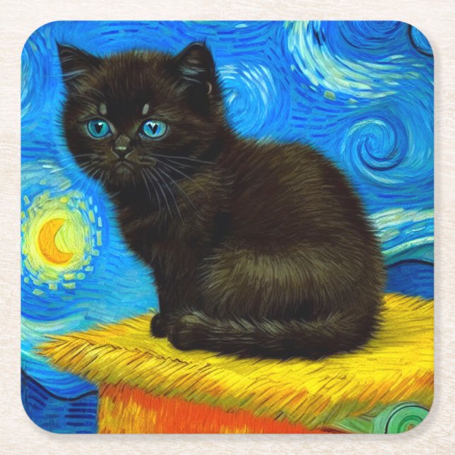 Van Gogh Style Starry Night Cat Square Paper Coaster (Front)