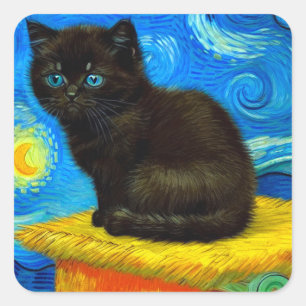 Van Gogh Style Starry Night Cat Square Sticker