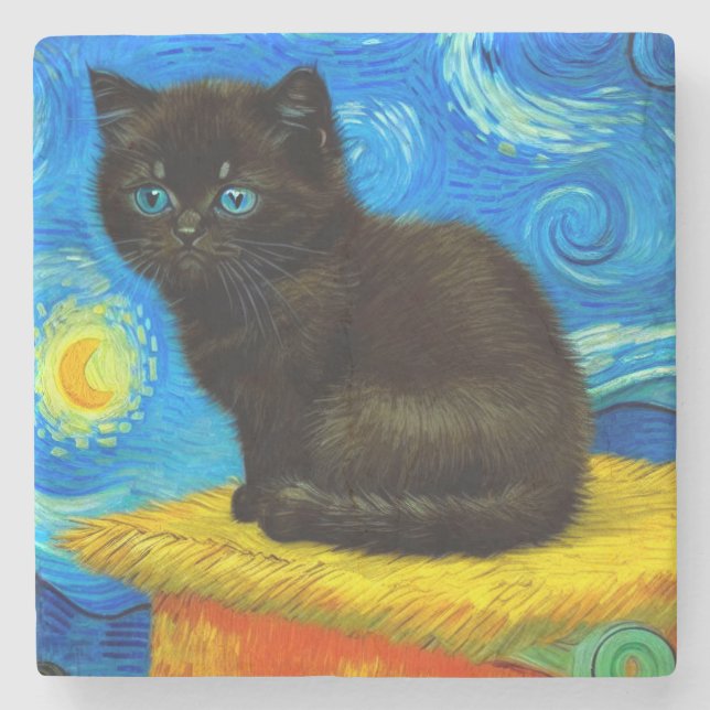 Van Gogh Style Starry Night Cat Stone Coaster (Front)