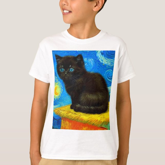 Van Gogh Style Starry Night Cat T-Shirt (Front)