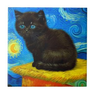 Van Gogh Style Starry Night Cat Tile