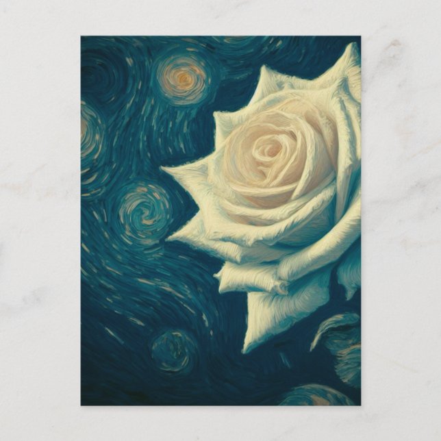 Van Gogh Style White Rose on a Starry Night Postcard (Front)