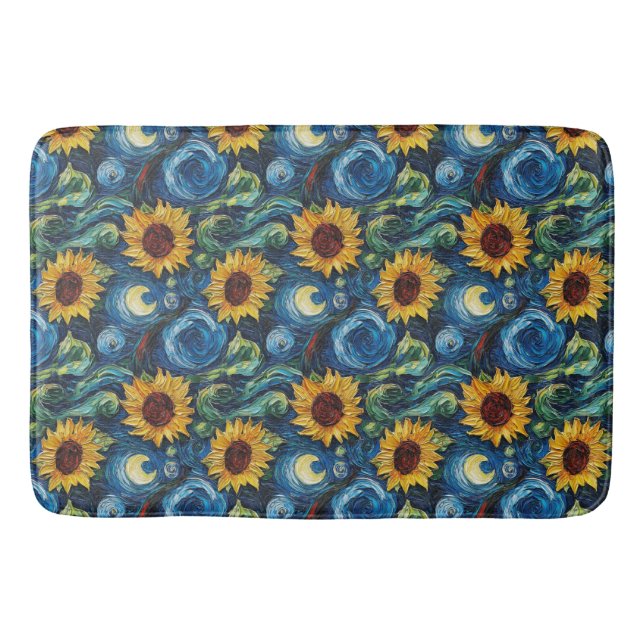 Van Gogh sunflowers and starry night  Bath Mat (Front)
