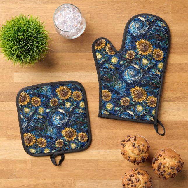 Van Gogh sunflowers and starry night  Oven Mitt & Pot Holder Set (Top Down)