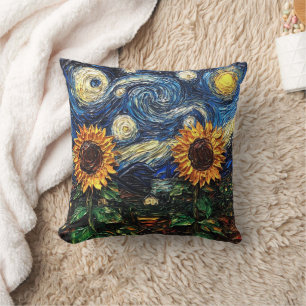 Van Gogh sunflowers and starry night Throw Pillow