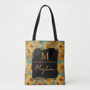 Van Gogh Sunflowers Teal Blue Monogram  Tote Bag