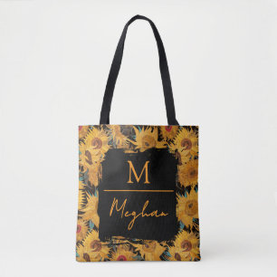 Van Gogh Sunflowers Yellow Black Monogram  Tote Bag