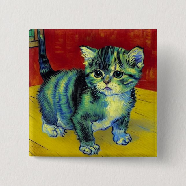 Van Gogh Tabby Cat 2 Inch Square Button (Front)