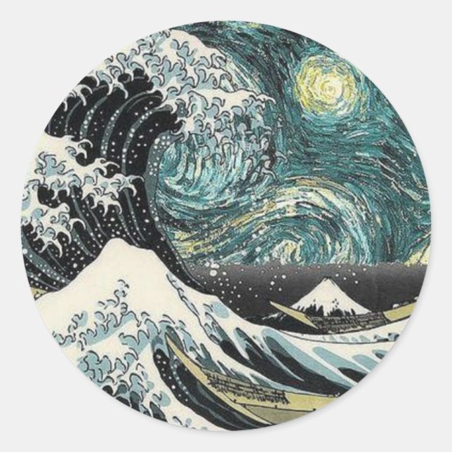 Van Gogh The Starry Night - Hokusai The Great Wave Classic Round Sticker (Front)