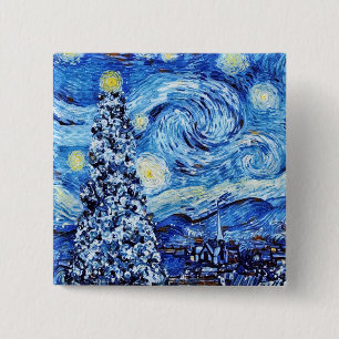 Van Gogh - The Starry Night - White Christmas  2 Inch Square Button