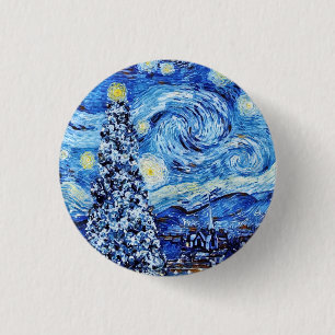 Van Gogh - The Starry Night - White Christmas Butt 1 Inch Round Button