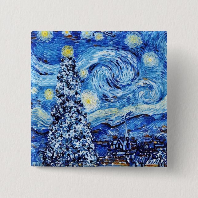 Van Gogh - The Starry Night - White Christmas Butt 2 Inch Square Button (Front)