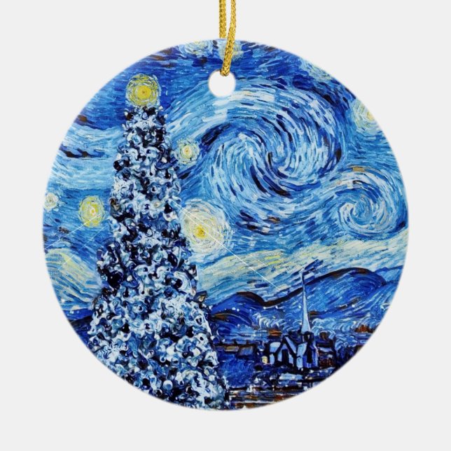 Van Gogh - The Starry Night - White Christmas Post Ceramic Ornament (Front)