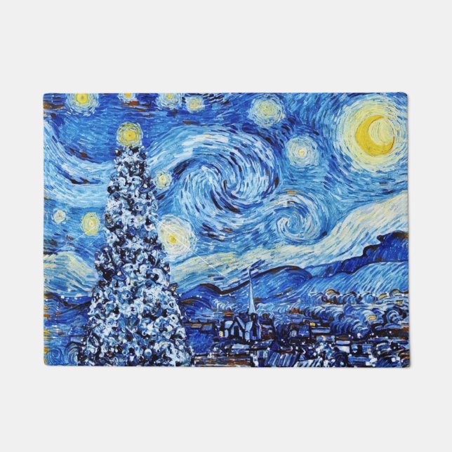 Van Gogh - The Starry Night - White Christmas Post Doormat (Front)