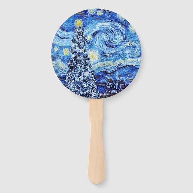 Van Gogh - The Starry Night - White Christmas Post Hand Fan (Front)