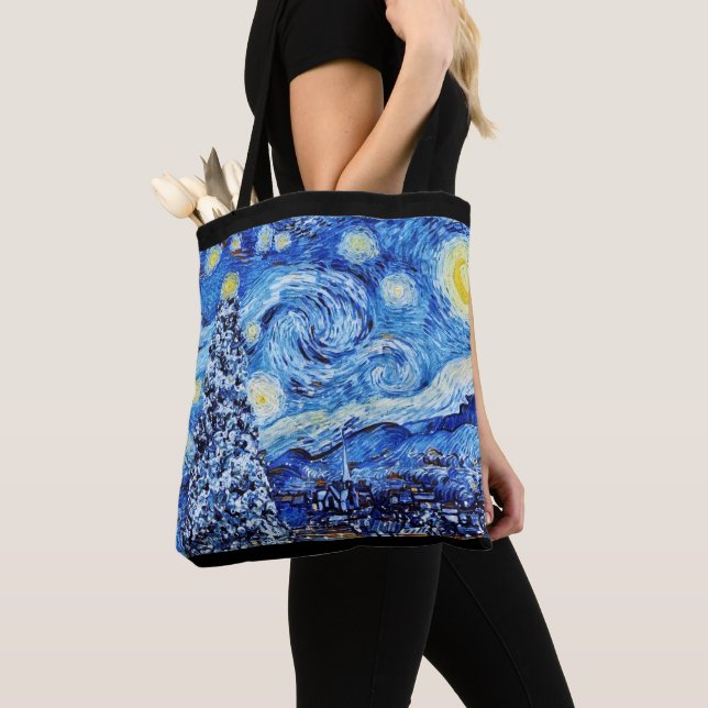Van Gogh - The Starry Night - White Christmas Post Tote Bag (Close Up)