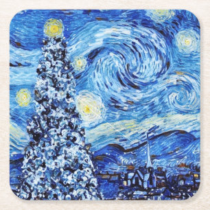 Van Gogh - The Starry Night - White Christmas  Square Paper Coaster