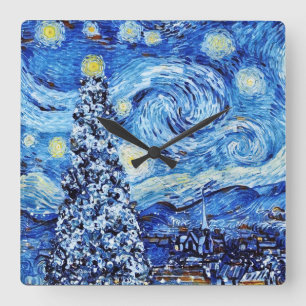 Van Gogh - The Starry Night - White Christmas  Square Wall Clock