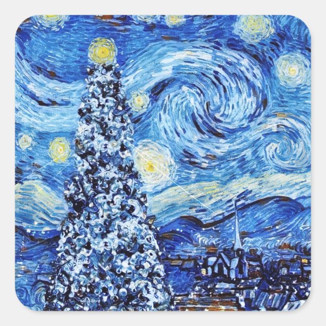 Van Gogh - The Starry Night - White Christmas T-Sh Square Sticker (Front)