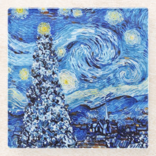Van Gogh - The Starry Night - White Christmas Thro Glass Coaster