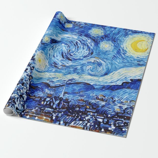 Van Gogh - The Starry Night - White Christmas Wrapping Paper (Unrolled)