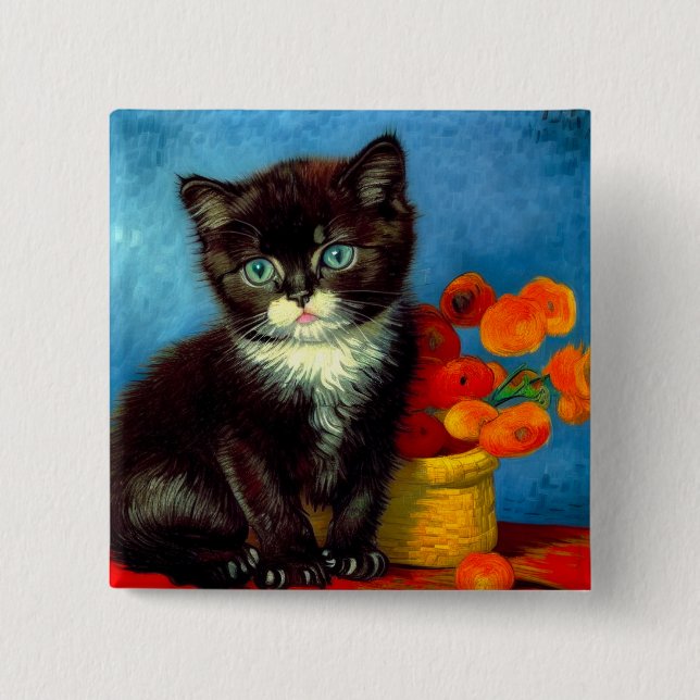 Van Gogh Tuxedo Cat  2 Inch Square Button (Front)
