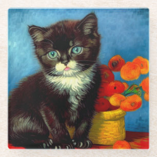 Van Gogh Tuxedo Cat Glass Coaster
