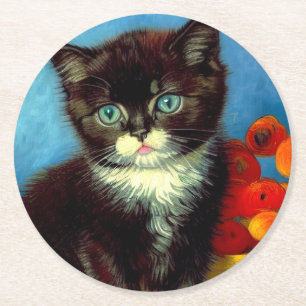 Van Gogh Tuxedo Cat Round Paper Coaster