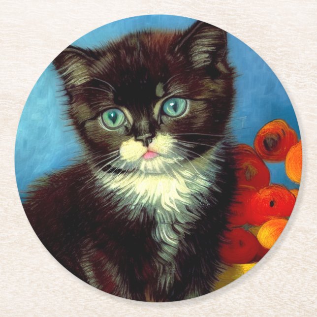 Van Gogh Tuxedo Cat  Round Paper Coaster (Front)