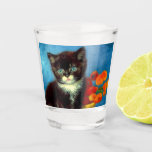 Van Gogh Tuxedo Cat  Shot Glass<br><div class="desc">Shot Glass featuring a beautiful Van Gogh tuxedo cat! This little kitty poses next to a basket of orange flowers upon a red table. A great gift for cat lovers and Dutch art collectors!</div>