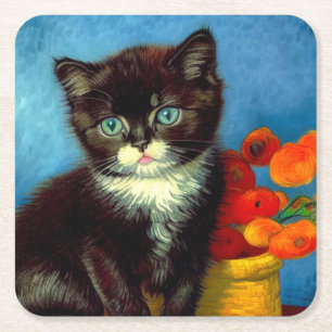 Van Gogh Tuxedo Cat Square Paper Coaster