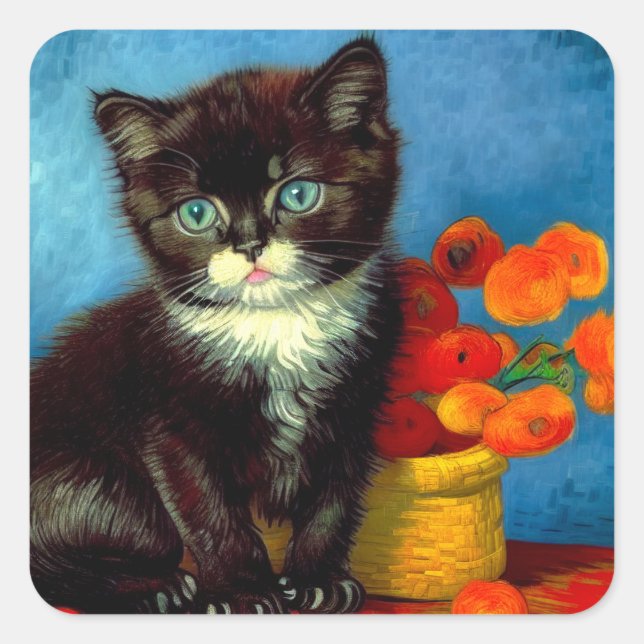 Van Gogh Tuxedo Cat  Square Sticker (Front)